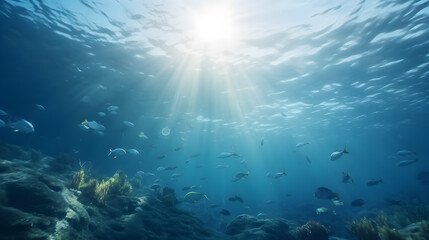 Fototapeta na wymiar Underwater Scene. Beautiful Tropical Seabed With Reef And Sunshine