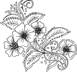 Black and white Hand Drawn Flowers with Leaves 