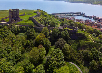 Fototapeta na wymiar Aerial view of Scarborough Castle ruins above the harbor - Scarborough in North Yorkshire in the northeast of England.