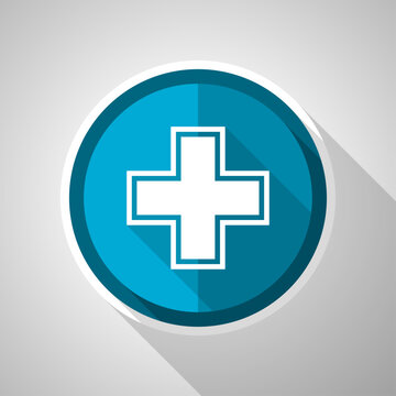 Pharmacy symbol, flat design vector blue icon with long shadow