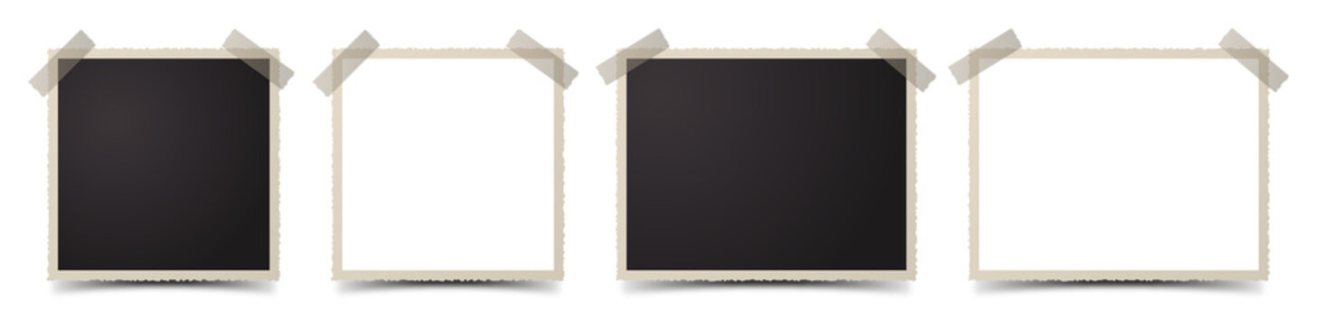 Set of deckle edge photo frames with tape on transparent background. PNG design element.