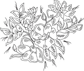 Black and white Hand Drawn Flowers with Leaves 