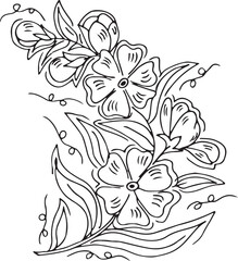 Black and white Hand Drawn Flowers with Leaves 