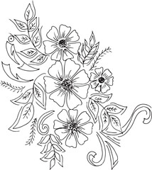 Black and white Hand Drawn Flowers with Leaves 