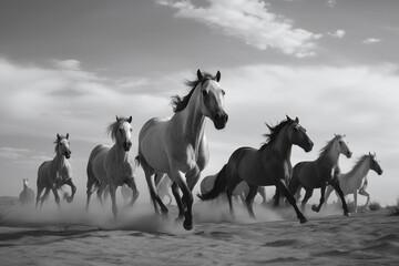 Horses run gallop in desert against sky grey scale