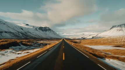 Landscapes of Iceland. The road leading to the mountains. Generative AI