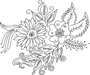 Black and white Hand Drawn Flowers with Leaves 