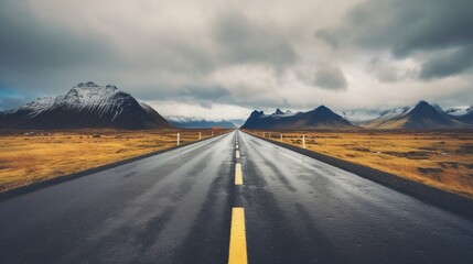 Landscapes of Iceland. The road leading to the mountains. Generative AI