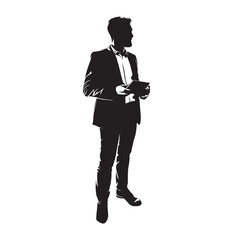 Businessman in suit standing and holding documents, isolated vector silhouette