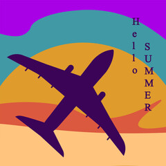 Airplane pop art. Summer card with Plane. Aircraft silhouette in the Sky. Charter flight. Square Vector illustration.