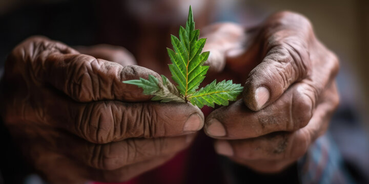 Close-Up of a Senior Holding Marijuana Leaves / Plant. Generative AI