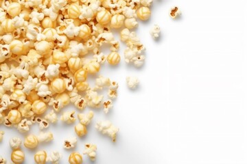 Popcorn isolated on white background, top view, copy space, minimalistic. AI generated