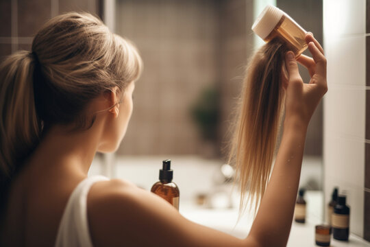 Haircare, Unrecognizable Young Female Applying Hair Spray While Standing Near Mirror In Bathroom Unrecognizable Millennial Woman Testing New Hairstyle Product At Home Selective Focus On Her Reflection