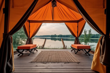 Entrance tent of a lodge with a view to the water. Generative AI