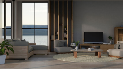 Interior design of a modern contemporary living room with couch, TV on a TV cabinet