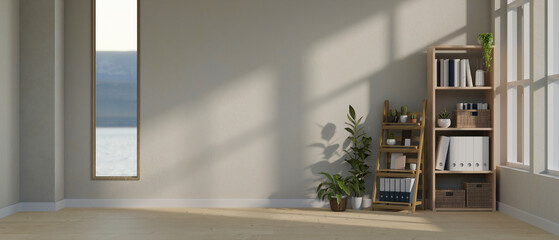 Minimal empty room with plants, parquet floor, shelf and empty space against the grey wall.
