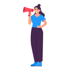Woman with loudspeaker. Flat vector illustration isolated on white background