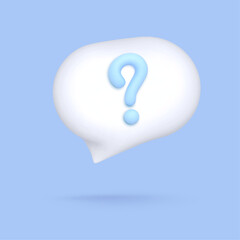 White vector 3d speech bubble with question mark, isolated on blue background. Vector illustration for postcard, banner, web, design, arts.