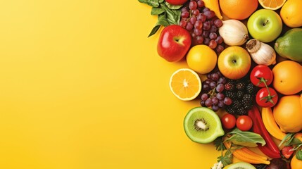Fruits and vegetables on yellow background. Healthy food concept with copy-space. Top view. AI generative image.