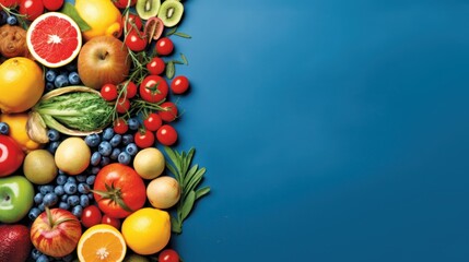 Fruits and vegetables on blue background. Healthy food concept with copy-space. Top view. AI generative image.