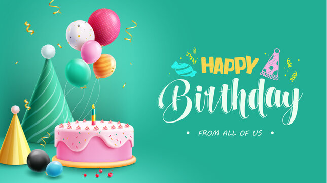 Happy birthday text vector design. Birthday party elements like cake, hat and balloons in pastel color background. Vector illustration greeting card design.