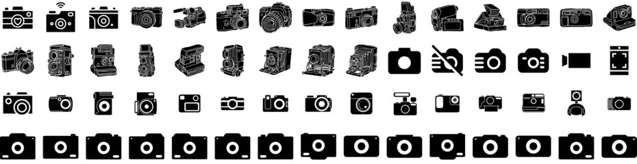 Set Of Camera Icons Isolated Silhouette Solid Icon With Equipment, Digital, Photo, Camera, Lens, Illustration, Photography Infographic Simple Vector Illustration Logo
