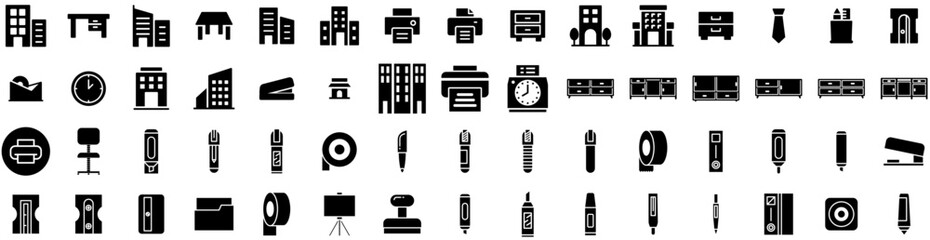 Set Of Office Icons Isolated Silhouette Solid Icon With Computer, Office, Desk, Table, Modern, Business, Work Infographic Simple Vector Illustration Logo