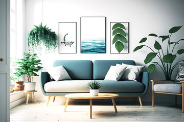 Living room interior design with pastel blue sofa. Generative ai.