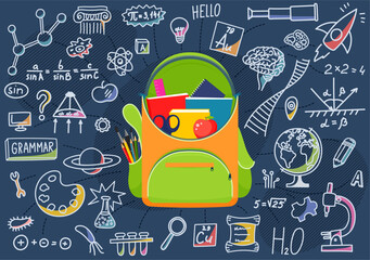 Education concept. Open school backpack with school subjects doodle.