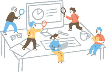 Fototapeta premium デスクトップパソコンとメガネと5人の男女_色