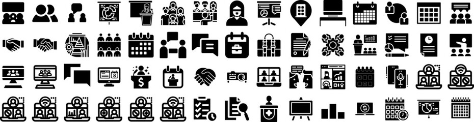 Set Of Meeting Icons Isolated Silhouette Solid Icon With Corporate, Office, People, Group, Meeting, Discussion, Business Infographic Simple Vector Illustration Logo