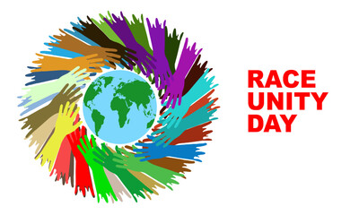 silhouette of colored hands circling a globe and bold text commemorating Race Unity Day or Race Amity Day on June

