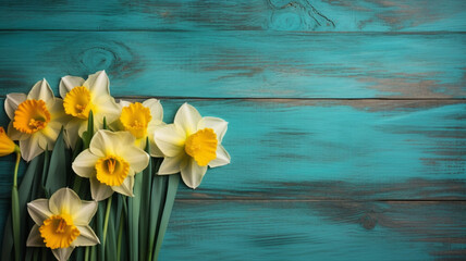 Yellow flower on turquoise wood background with copy space