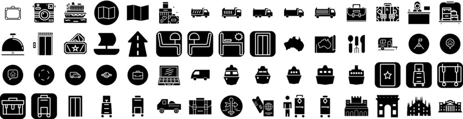 Set Of Travel Icons Isolated Silhouette Solid Icon With Journey, Vacation, Holiday, Airplane, Travel, Trip, Tourism Infographic Simple Vector Illustration Logo