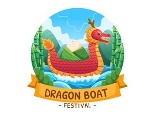 Vector Illustration Chinese Dragon Boat Festival with a Zongzi zongzi on the dragon boat and with beautiful mountain and sea background. Chinese Dragon Boat
Perfect for greeting card, postcard, banner
