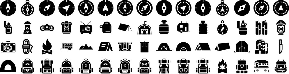 Set Of Camping Icons Isolated Silhouette Solid Icon With Nature, Tent, Adventure, Travel, Camp, Outdoor, Summer Infographic Simple Vector Illustration Logo