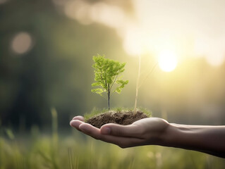 Fototapeta premium Plants and soil on hands forest conservation background