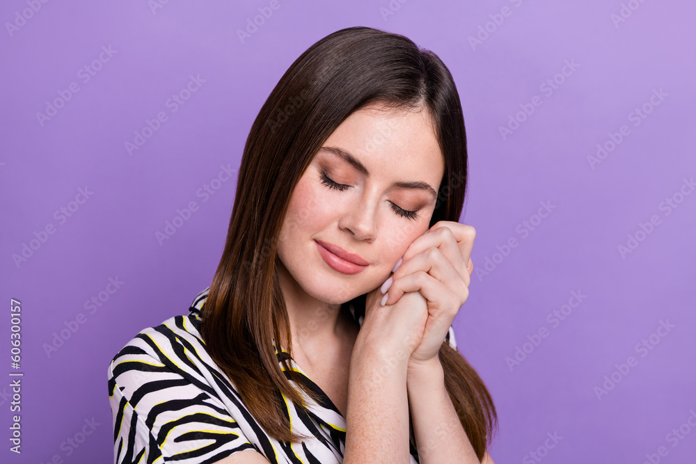 Poster closeup photo of chill relaxed cute lady brown hair hands together sleeping enjoy take nap comfortab