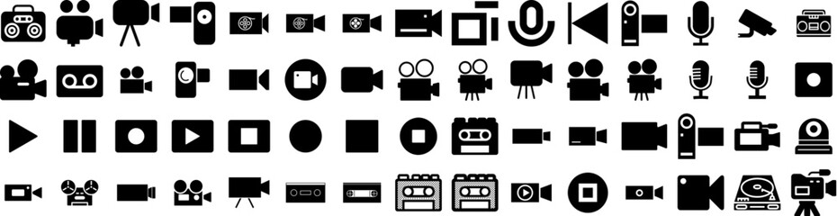 Set Of Recorder Icons Isolated Silhouette Solid Icon With Music, Retro, Audio, Sound, Recorder, Illustration, Equipment Infographic Simple Vector Illustration Logo