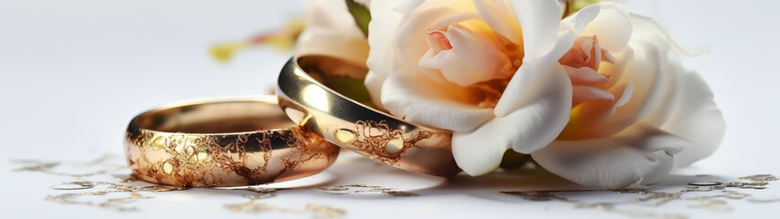 luxury couple of gold wedding rings and flowers background Generative AI