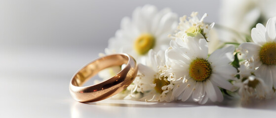 luxury couple of gold wedding rings and flowers background Generative AI