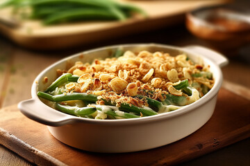 Delicious Green Bean Casserole on a Wooden Table Created with generative AI tools