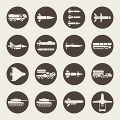 Modern armament vector icon set. Artillery, missiles, anti-aircraft systems icons. War weapons.