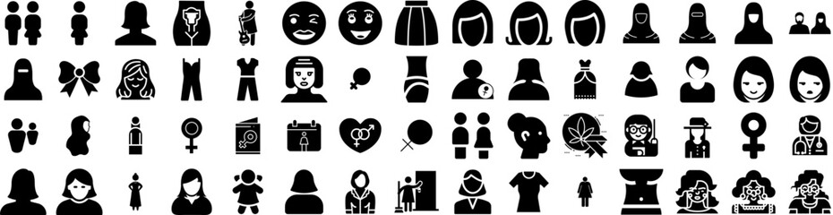 Set Of Female Icons Isolated Silhouette Solid Icon With Female, Beautiful, Isolated, Young, Person, Woman, Girl Infographic Simple Vector Illustration Logo