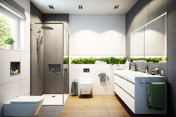 Fototapeta premium Luxury modern bathroom interior design with glass walk-in shower - Created with generative AI tools