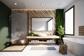 Fototapeta premium Luxury modern bathroom interior design with glass walk-in shower - Created with generative AI tools
