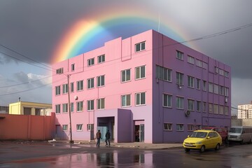 rainbow over pink building