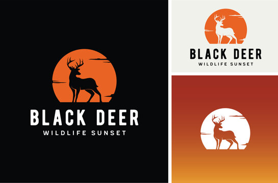 Sun and Beauty Mule Deer Buck Stag hart Silhouette in African Savanna Sunrise or Sunset Nature Wildlife logo design 