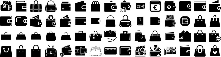 Set Of Purse Icons Isolated Silhouette Solid Icon With Style, Handbag, Female, Background, Woman, Purse, Bag Infographic Simple Vector Illustration Logo