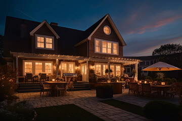 Beautiful Hampton Style Luxury House Home Building with Lamp Light at Night - obrazy, fototapety, plakaty